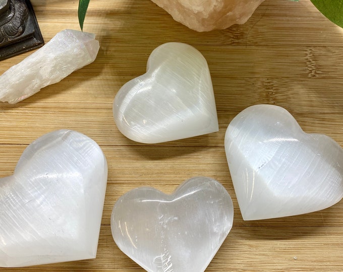 60 mm Smooth Selenite hearts. satin spar gypsum