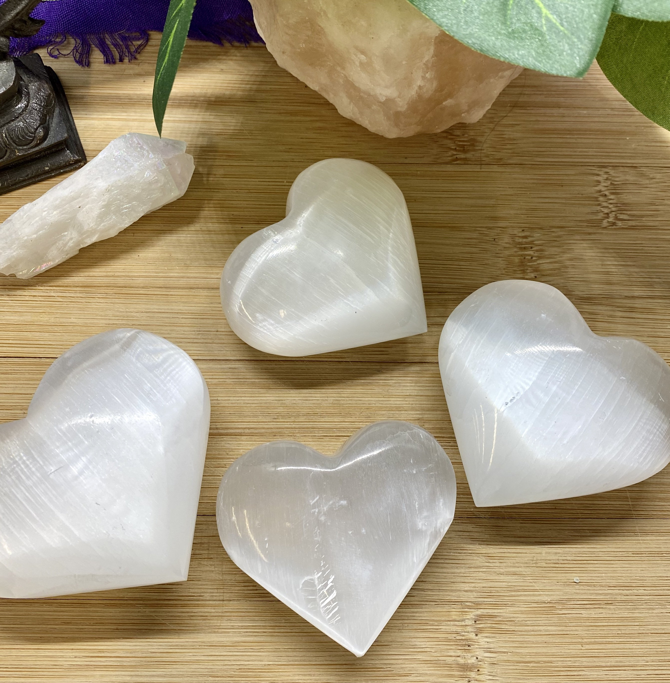 60 mm Smooth Selenite hearts. satin spar gypsum