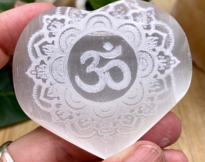 Engraved Om Selenite heart crystal satin spar gypsum