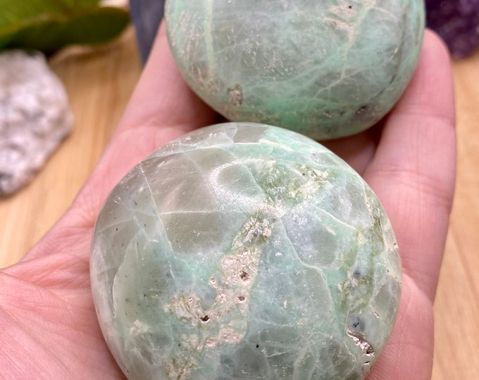 Gorgeous Green Moonstone or Garnierite palm stone crystal geode healing gem