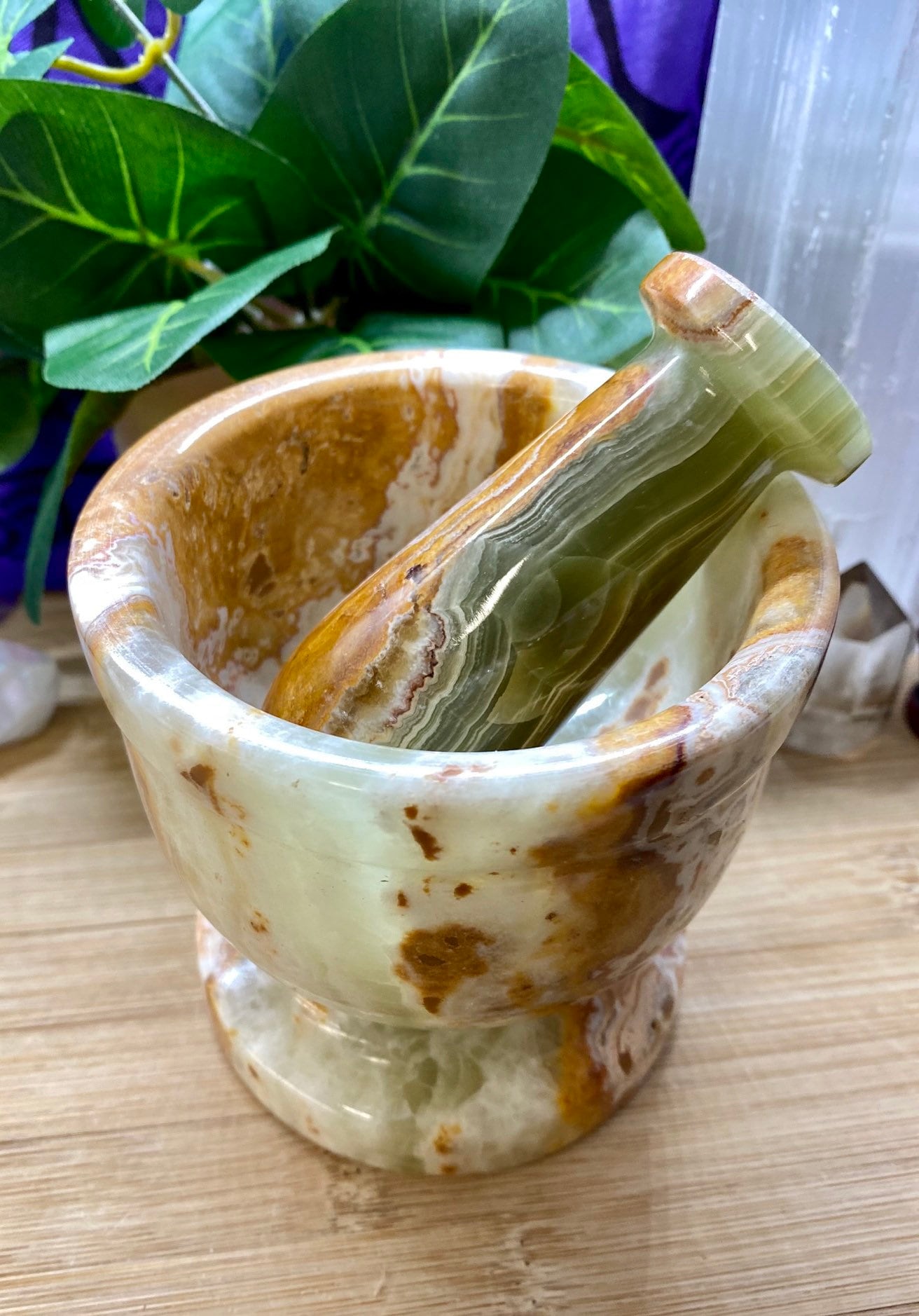 Green Onyx Mortar and pestle crystal sculpture geode