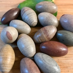 Pedra de ovo Shiva Lingam com saco de presente e nota caída