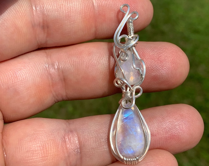 Beautiful Double Rainbow Moonstone Goddess  Silver Wire wrapped pendant necklace RMSP03 SME24