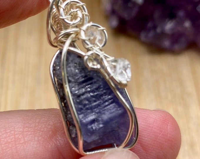 Natural Tanzanite and Herkimer Diamond Wire Wrapped Pendant Crystal HERTANZ1