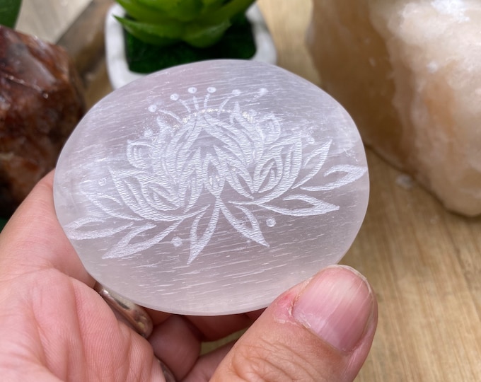 Lotus engraved Selenite palm stones polished tumbled soap satin spar gypsum