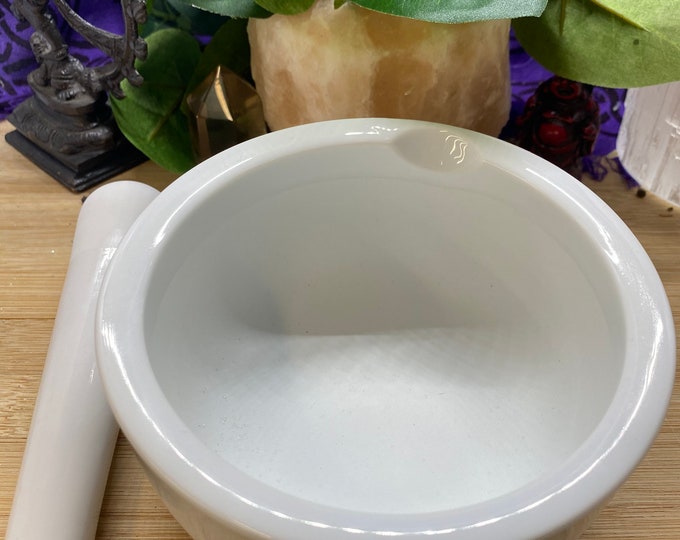 4 inch White ceramic Mortar and pestle crystal sculpture geode