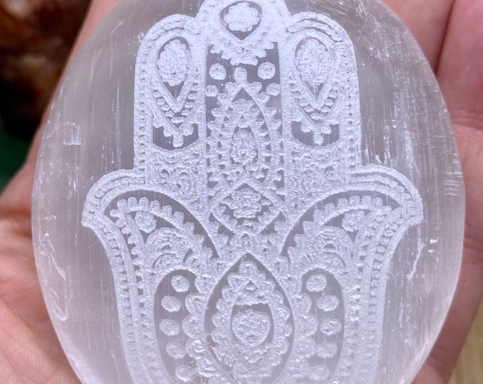 Hand engraved Selenite palm stones polished tumbled soap satin spar gypsum