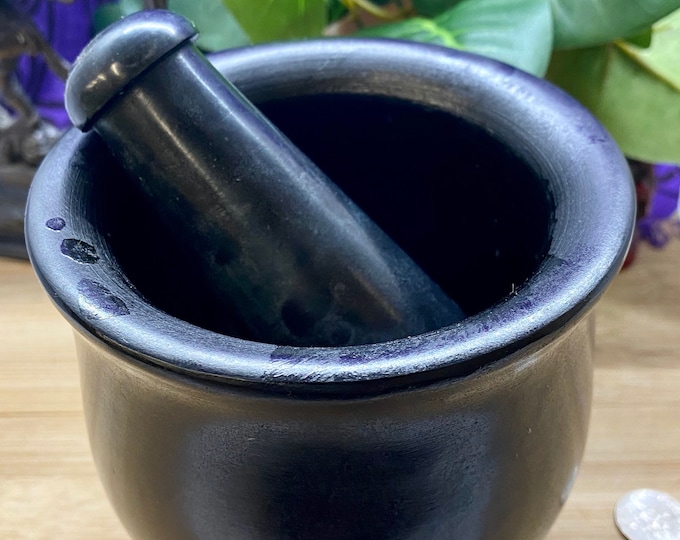 Black Soapstone Mortar and pestle herb grinder crystal sculpture geode Item 15336