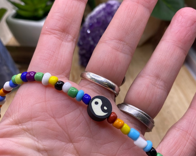 Rainbow beaded Yin Yang choker necklace