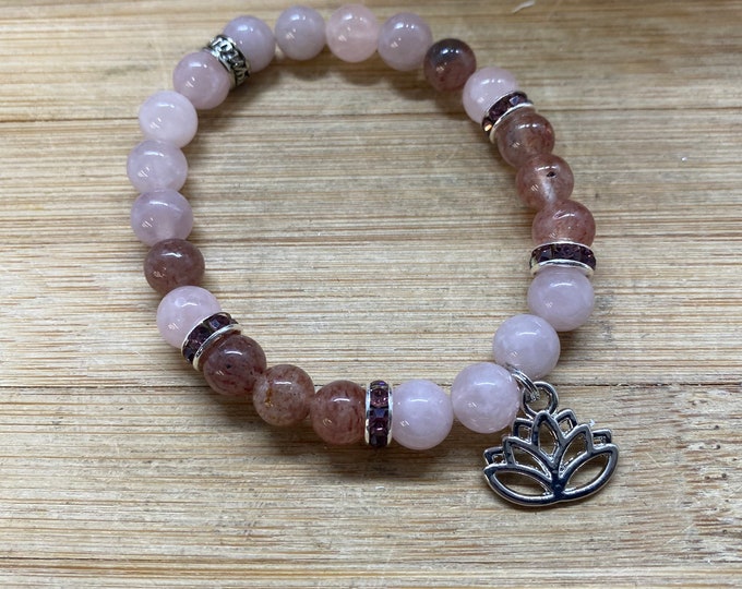 Rose Quartz and Strawberry Quartz Lotus Bead Bracelet SME