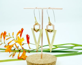 Geometric brass & copper earrings, triangle drop earrings