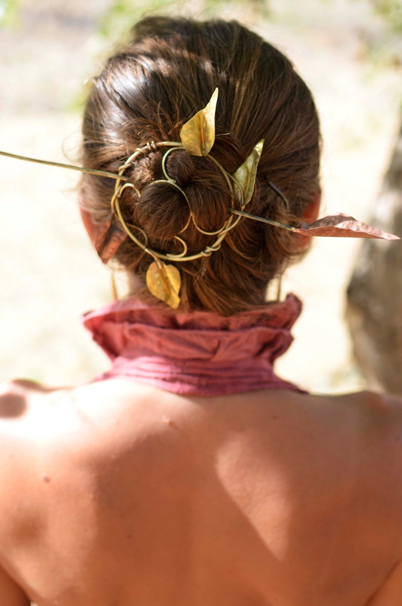 Hair barrete, festival head piece, Brass leaf head barrete, hair accessory, leaf hair accessory, 100% brass and copper image 1