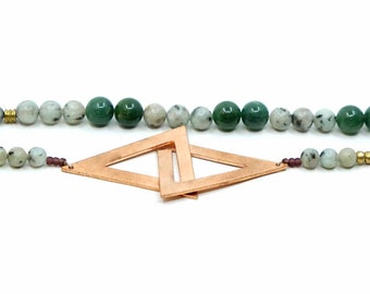 Copper geometric beaded necklace with green agate and kiwi stone