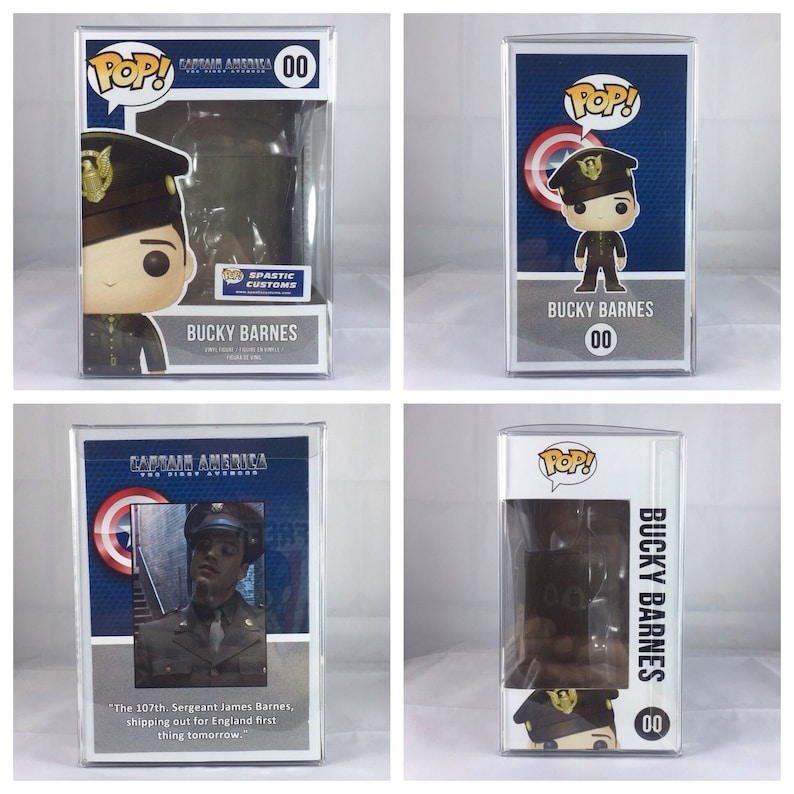 Peut inclure: Figurine Funko Pop! de Bucky Barnes dans un &eacute;tui transparent. La figurine porte un uniforme militaire et une casquette. L'emballage comprend le texte "Captain America" et "00". La figurine fait partie de la s&eacute;rie "POP!".