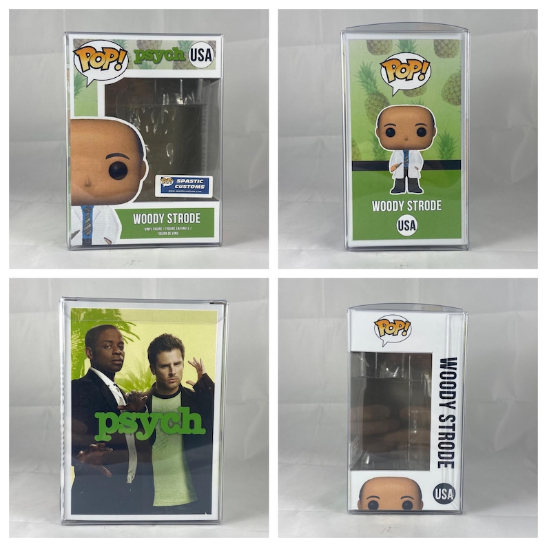 Puede incluir: Cuatro cajas de pl&aacute;stico transparente con una figura pop en su interior. Las cajas son para un personaje llamado Woody Strode de la serie de televisi&oacute;n Psych. Las cajas tienen el logotipo del programa y las palabras "Pop!" y "USA".