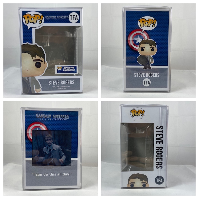 May include: Four images of a Steve Rogers Funko Pop! figure in a clear plastic display case. The figure is in a gray suit. The case has a blue background with the Captain America shield and the text "I can do this all day!"