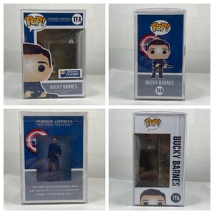 May include: A Bucky Barnes Funko Pop! vinyl figure in a protective case. The figure is in a black outfit and holding a weapon. The packaging includes the Captain America logo and the text "POP!" and "BUCKY BARNES".