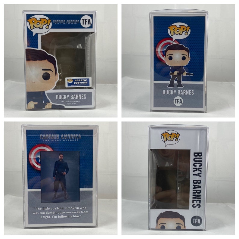 May include: A Bucky Barnes Funko Pop! vinyl figure in a protective case. The figure is in a black outfit and holding a weapon. The packaging includes the Captain America logo and the text "POP!" and "BUCKY BARNES".