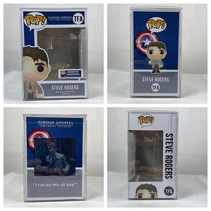 May include: Four Funko Pop! vinyl figures of Steve Rogers, Captain America, in clear display cases. Each box features the Pop! logo, the character's name, and the TFA logo. One box has the text "I can do this all day!"