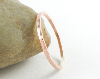 14K Rose Gold FIll Hammered Stacking Ring, Skinny Pink Gold Ring