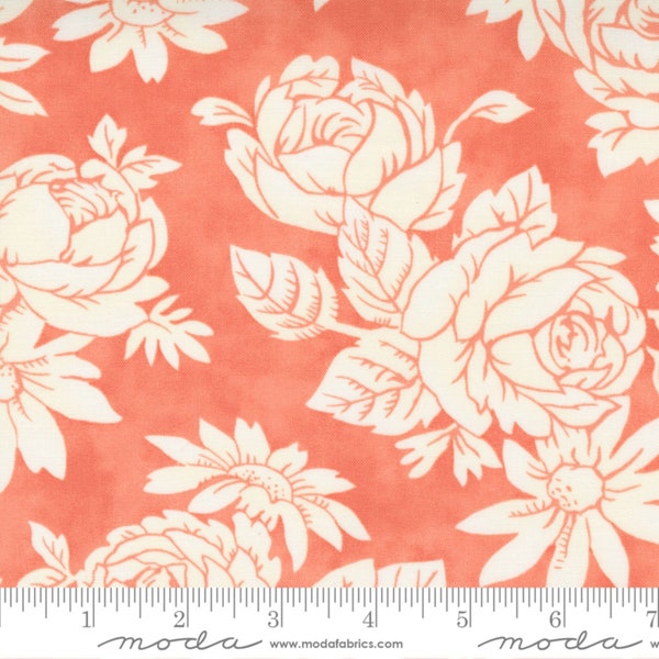 MODA Strawberries & Rhubarb by Joanna Figueroa of Fig Tree 20401 12. 44 inch Wide Quilting Fabric. Dk Salmon Background with white flowers