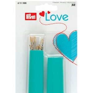 PRYM Love Assorted Sewing Needles. PRYM 610 288 Mint/Blue Twister Needle Container. Magnetic Hold, Twisting Case, Secure Storage