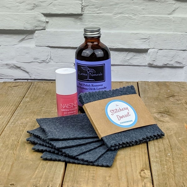 Reusable Nail Polish Remover Pad. Pack of 5 Charcoal Grey Woolfelt Wipes. This is an Organic, Compostable product Handmade in Dorset