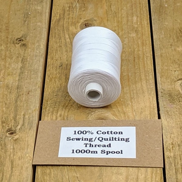White Cotton 1000m Sewing/Quilting Thread - High Quality Egyptian Cotton 50s weight Thread.  Suitable for machine quilting or general sewing