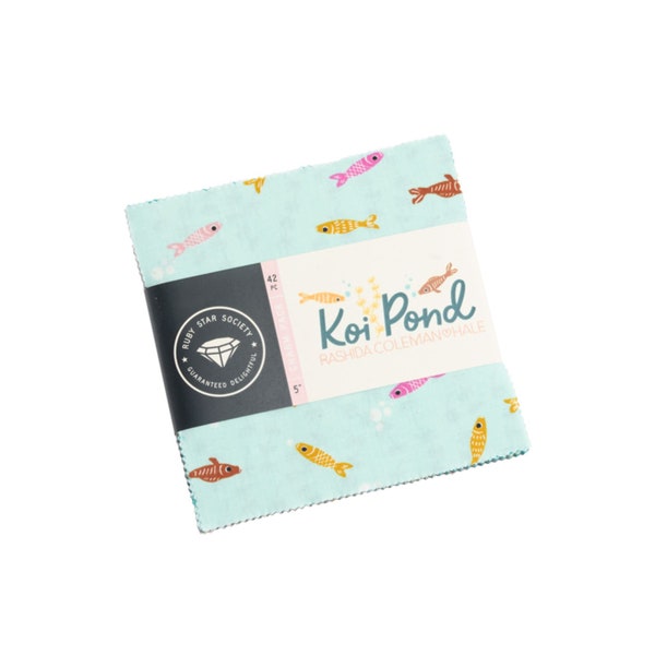 Koi Pond Charm Pack by Rashida Coleman Hale of Ruby Star Society. Contains 42, 5 inch squares of cotton fabric, Pre-Cut bundle. 5" Squares.