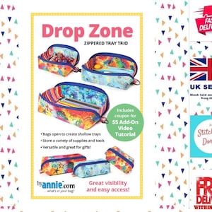 May include: A sewing pattern for a set of three zippered trays called "Drop Zone". The trays are made of colourful fabric with a variety of patterns. The pattern includes a coupon for a £5 add-on video tutorial.