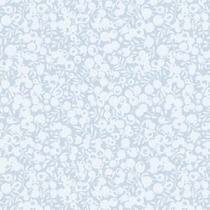 May include: A seamless pattern featuring white stylized berries and leaves on a light blue background.