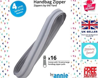 ByAnnie Pewter 110 Zippers by The Yard. 4 Yards of zipper with 16 colour coordinated extra large pulls for Bagmaking  3.65m. YKK #4.5