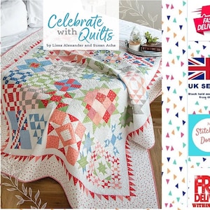 May include: A quilt featuring a range of colourful patchwork blocks, including red, pink, blue, and green. The quilt is made with a white background and has a white border with a red and white scalloped edge. The quilt is folded and displayed on a bed.