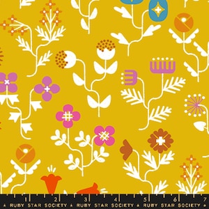 May include: Mustard yellow fabric with a repeating floral pattern. The design features stylized flowers in shades of pink, orange, brown, and blue, with white stems and leaves. The text "RUBY STAR SOCIETY" is at the bottom.