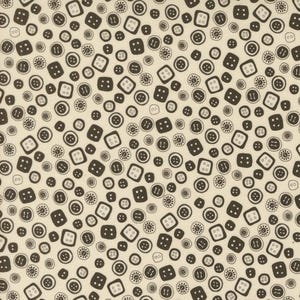 Könnte beinhalten: Stoffmuster mit einem sich wiederholenden Design aus braunen Knöpfen auf cremefarbenem Hintergrund. Die Knöpfe sind rund, quadratisch und rechteckig und haben zwei oder vier Löcher. Geeignet für Näh- und Bastelprojekte.