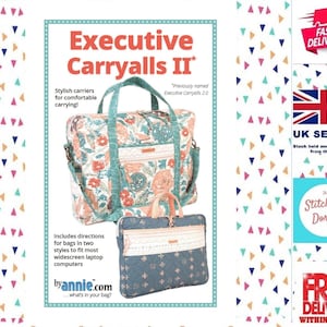 May include: A sewing pattern for two styles of quilted laptop bags. The pattern is called "Executive Carryalls II" and includes directions for making a large tote bag and a smaller laptop sleeve. The bags are shown in a floral print fabric with a teal and peach colour scheme.