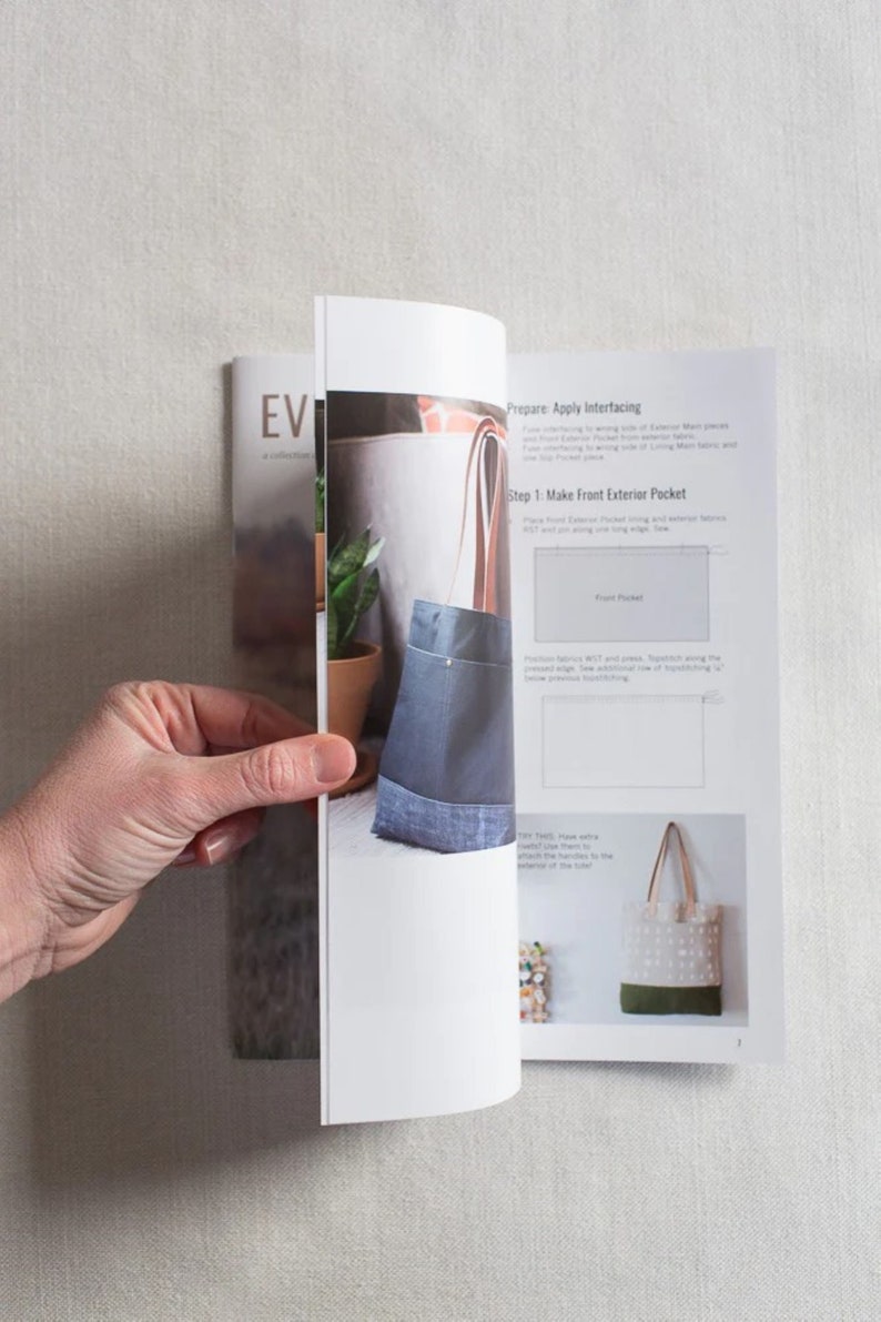 May include: Open book with instructions on how to make a tote bag. The book shows a close-up of a blue denim tote bag with a brown leather handle and a smaller pocket on the front. The text on the page reads "Prepare: Apply interfacing" and "Step 1: Make Front Exterior Pocket".