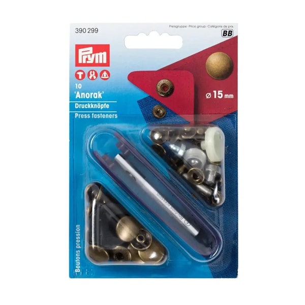 Prym, Press Fasteners, ANTIQUE BRASS, 15mm. 390 299. Pack of 10. Includes Piercing and Application Tool. High Quality Bag Hardware