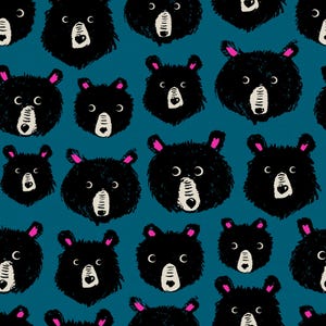 Puede incluir: Un fondo azul turquesa con un patrón repetido de caras de osos negros. Los osos tienen la nariz rosa y los dientes blancos.