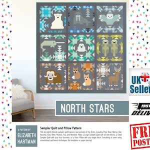 Peut inclure: Un modèle de courtepointe représentant neuf animaux de l'Arctique, dont un ours polaire, un morse, une narval, un phoque, une loutre, un bœuf musqué, un renard et un renne. Le modèle comprend des instructions pour réaliser une grande courtepointe d'échantillons, une petite courtepointe d'échantillons ou un coussin de sol. Le modèle est de Elizabeth Hartman.
