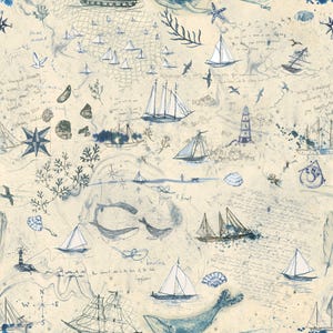 MODA Longshore de Janet Clare 24618 11 Flag - Tela de algodón premium con temática náutica. Mapa antiguo del mar con barcos sobre fondo crema.