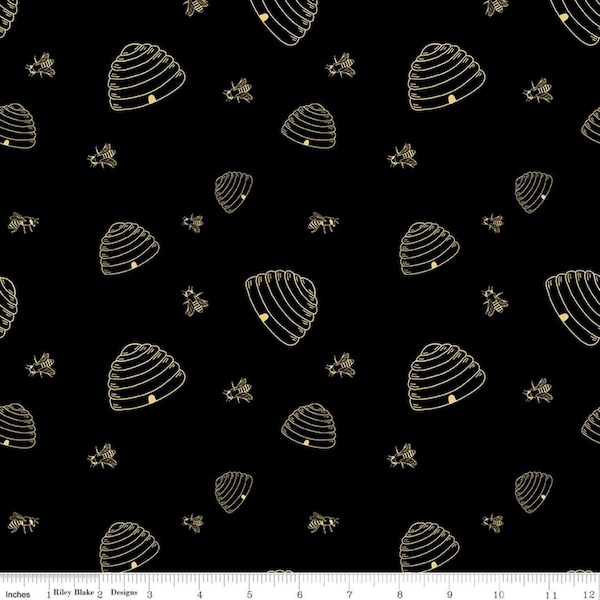 Riley Blake, The Beehive State by Shealeen Louise. C12532 BLACK. Cotton fabric for quilting, patchwork sewing projects. Gold Bees & Beehiv