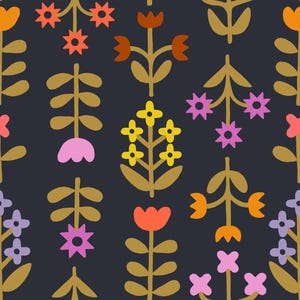 May include: A seamless pattern featuring stylised flowers in various colours, including yellow, orange, pink, red, and purple, on a dark blue background. The flowers are arranged in a repeating pattern, creating a cheerful and whimsical design.