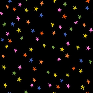May include: A black background featuring a pattern of colourful, hand-drawn stars. The stars are in shades of yellow, pink, orange, green, and blue. The stars are scattered across the image.