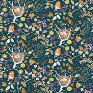 May include: A teal blue background with a repeating pattern of robins, nests, and autumn foliage. The robins are orange and brown with black eyes. The nests are brown and woven with white eggs inside. The foliage is in shades of brown, orange, and yellow.