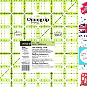 May include: A 6 1/2 inch (16.51 cm) green and white non-slip ruler with a grid pattern. The ruler is labelled "Omnigrip" and "The Non-Slip Ruler for Quilting, Sewing & Crafts".