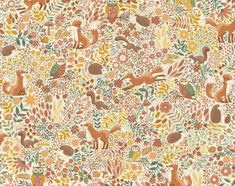 MAKOWER Hello Autumn Wild Wood Cream 096/Q. 115cm 43 inch Wide Premium Quilters Cotton Fabric. Weight 143gsm. Foxes and owls