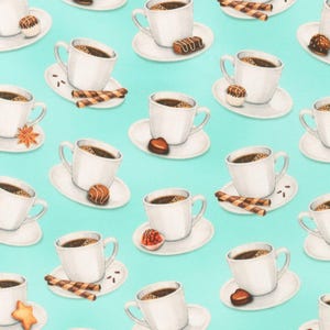 May include: A repeating pattern of white coffee cups filled with dark coffee, each on a white saucer, accompanied by various sweets like chocolates and wafer rolls. The background is a light teal color.