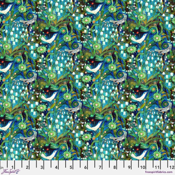 Este Macleod, L'Heure Bleue Fabric. Lily of the Valley PWES033 - Free UK Postage, Modern Premium Cotton Fabric in Rich Blue/Green Colours