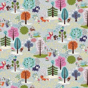 May include: A whimsical woodland pattern featuring colorful trees, animals, and flowers on a light gray background. The design includes squirrels, foxes, deer, birds, and bunnies.